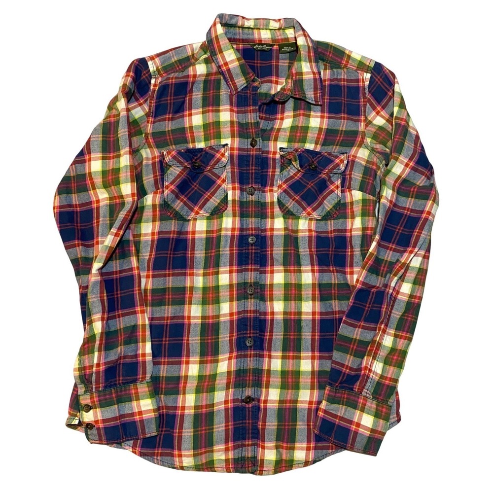 Eddie Bauer Womens XS Plaid Flannel Button Down Shirt Navy Green Red Cotton